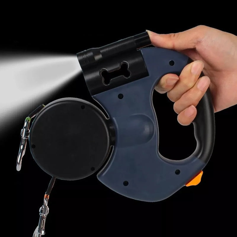 Laisse rétractable double avec lampe et support de sacs