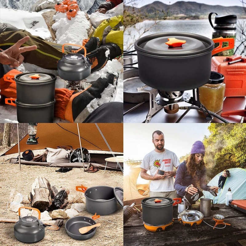 Vue rapprochée de casseroles et poêles antiadhésives pour camping