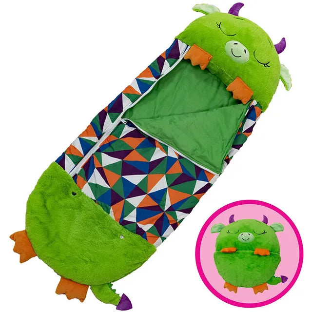 Sac de couchage déplié montrant un motif joyeux pour enfants