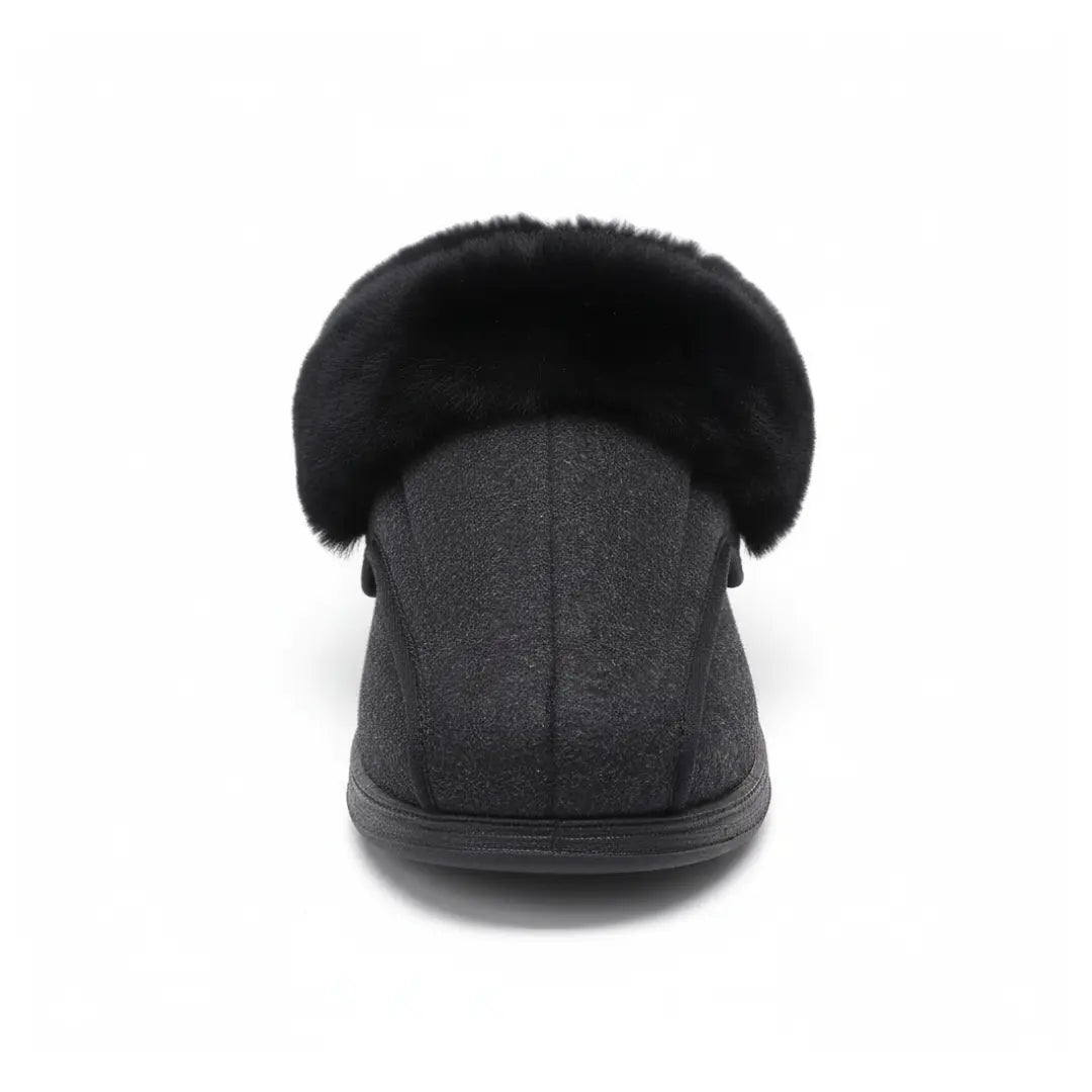 Vue de dessus des pantoufles, soulignant le col en peluche