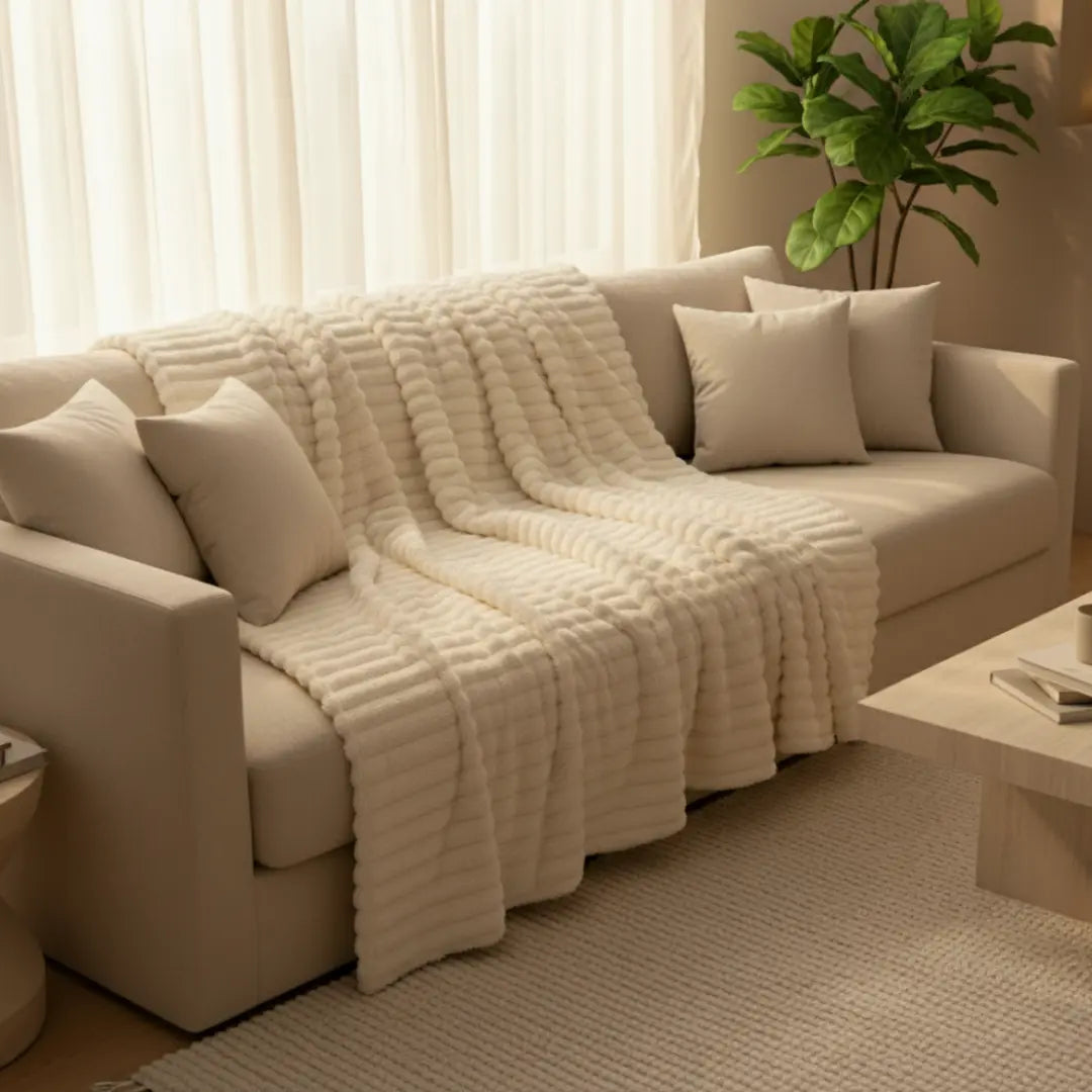 Couverture beige pliée sur lit, ambiance cosy