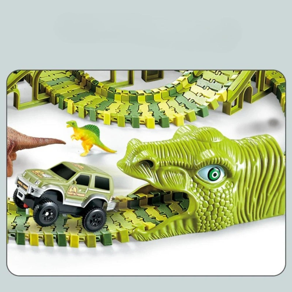 Enfants jouant avec un circuit ferroviaire sur le thème des dinosaures