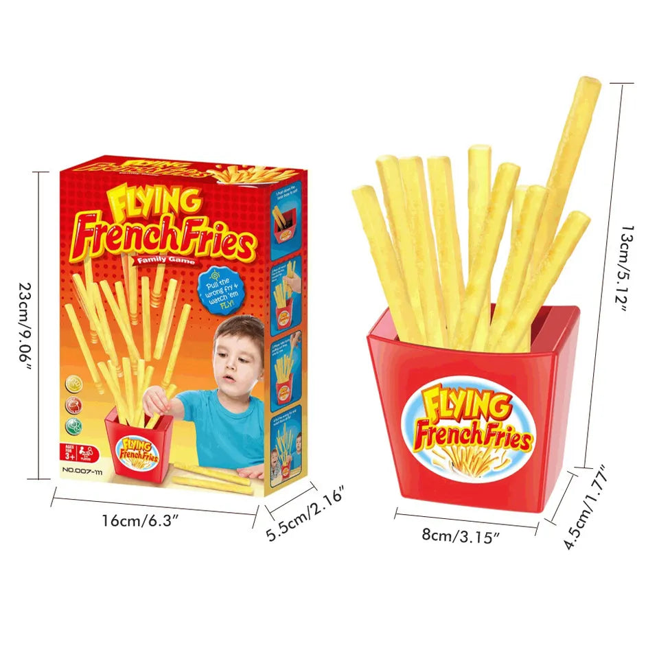 Boîte de jeu ouverte montrant des frites prêtes à être choisies