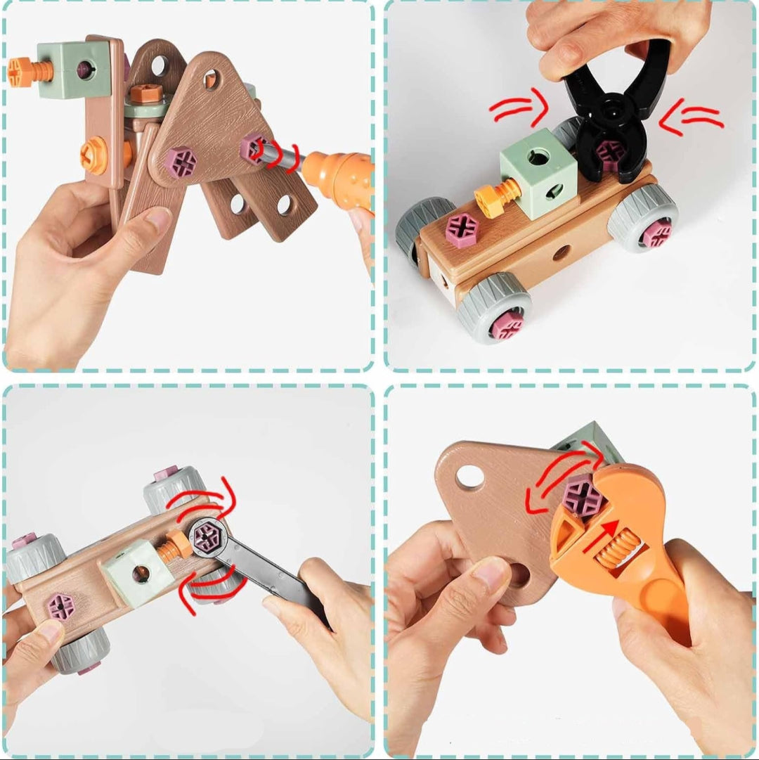 Boîte à outils ouverte montrant marteau, scie et tournevis