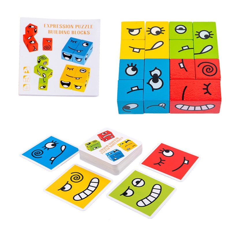 Ensemble de blocs éducatifs en bois avec cartes d'expressions
