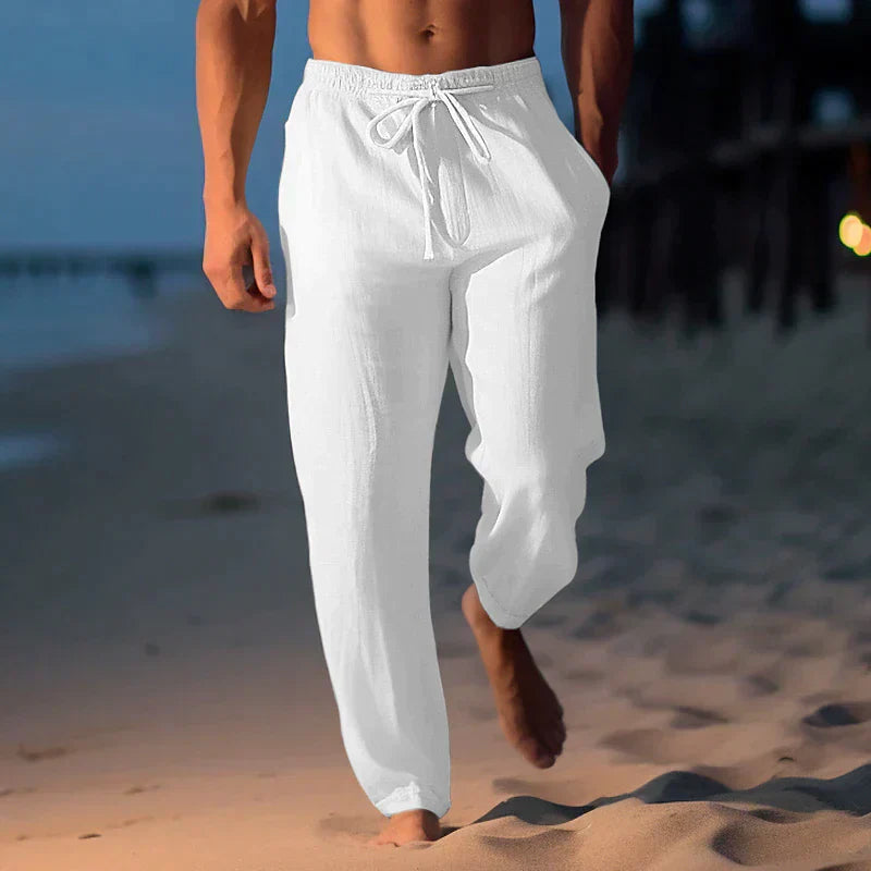 Vue de côté d'un pantalon en lin, ceinture élastique visible