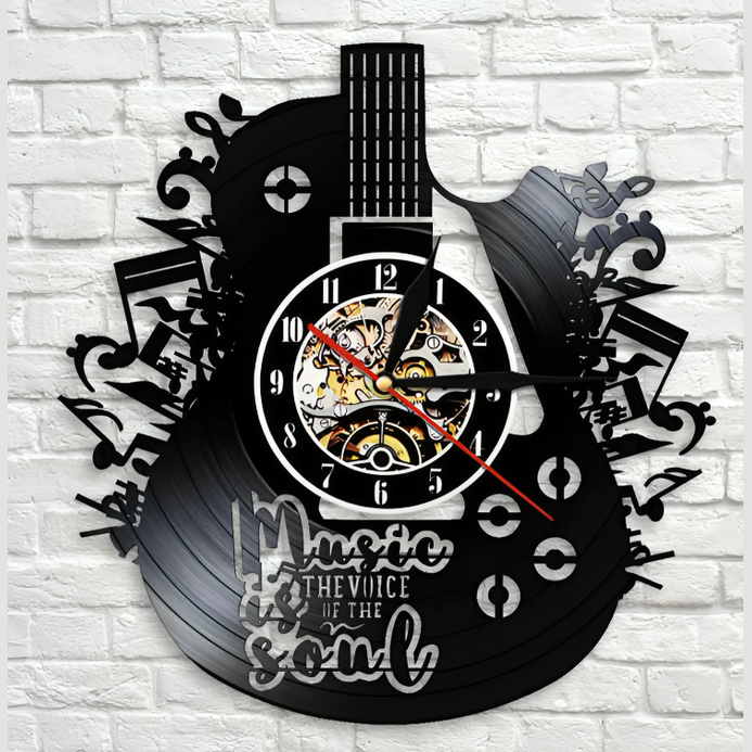 Horloge murale en vinyle avec design guitare vue de face