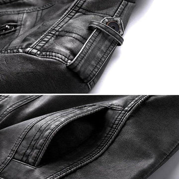 Vue de profil de la veste en cuir avec coutures visibles