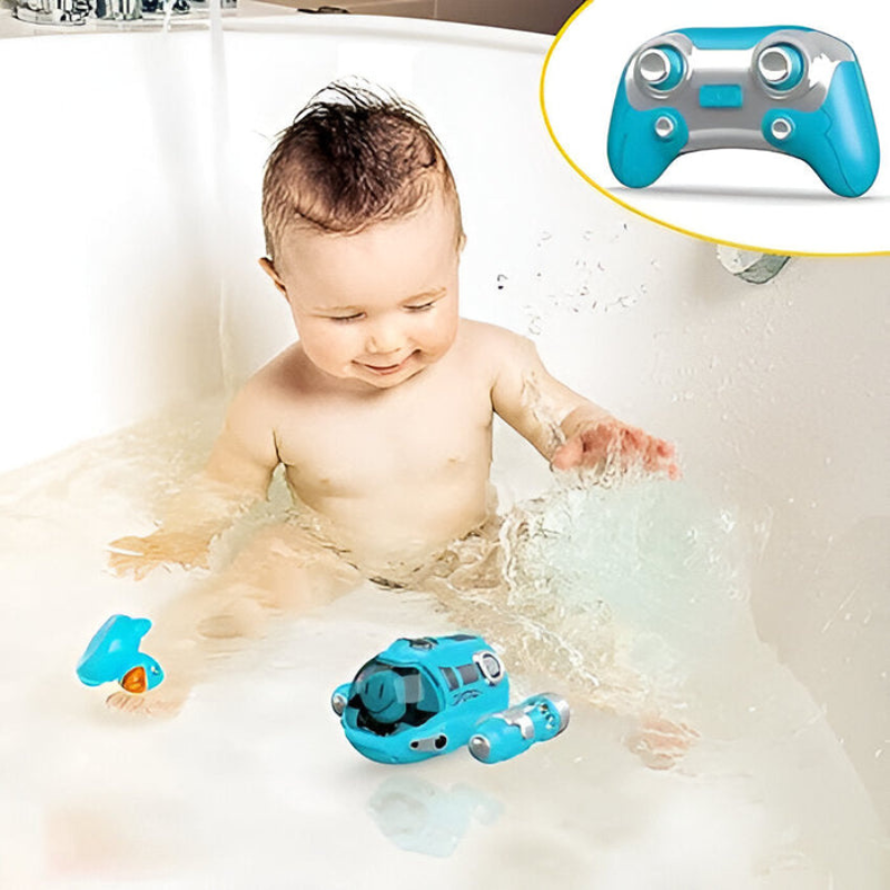 Sous-marin jaune en plastique, télécommande visible à côté