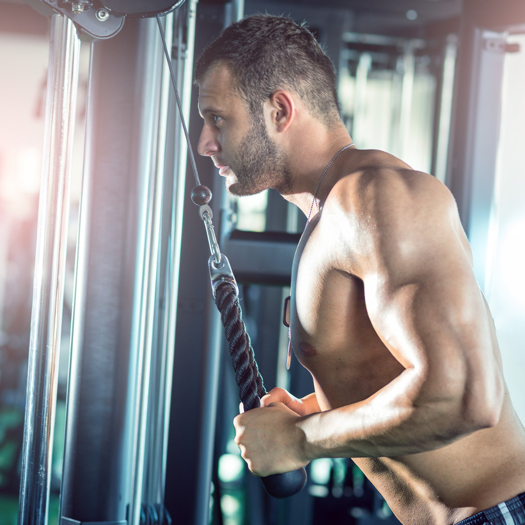 Vue latérale de la corde triceps attachée à une machine