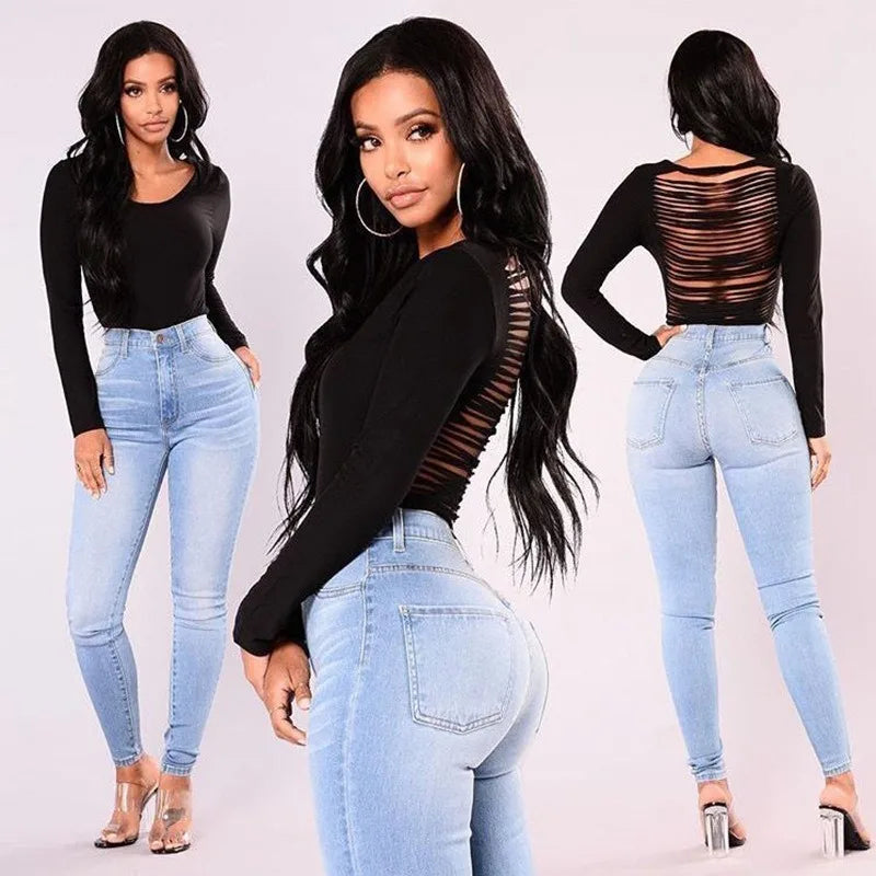 Jeggings femme taille haute en denim extensible, vue de profil