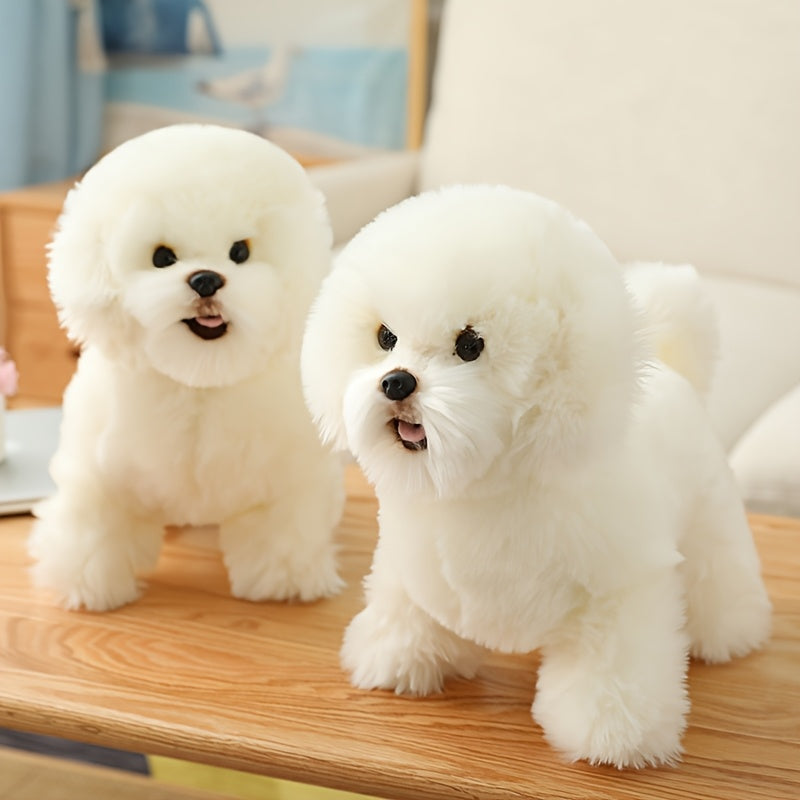 Vue de profil du chien en peluche, posture debout équilibrée