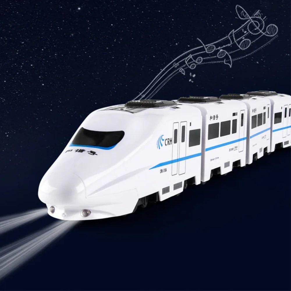 Train jouet illuminé se déplaçant dans une pièce sombre