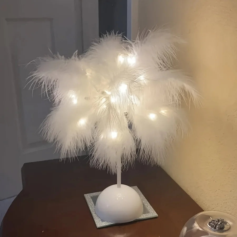 Lampe en plumes avec lumière douce et chaleureuse