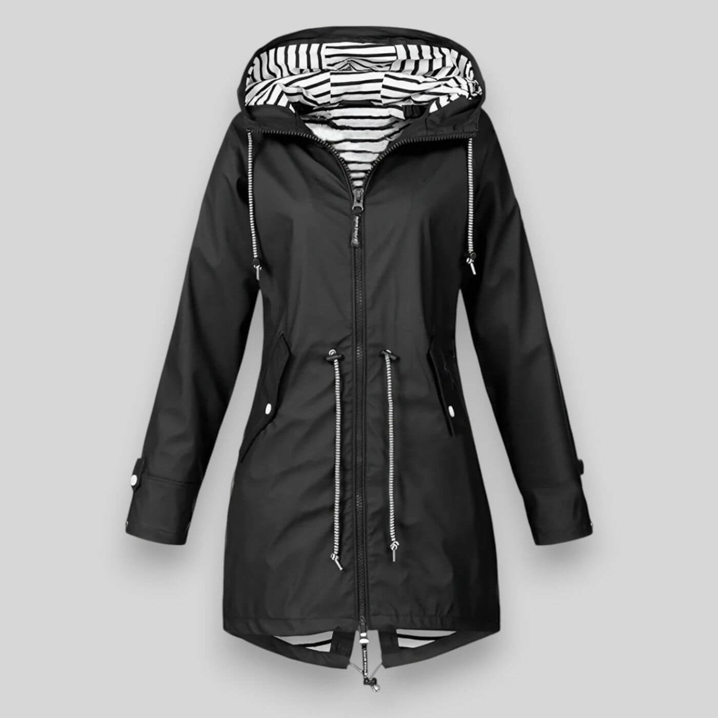 Vue arrière de la veste de pluie avec coupe allongée