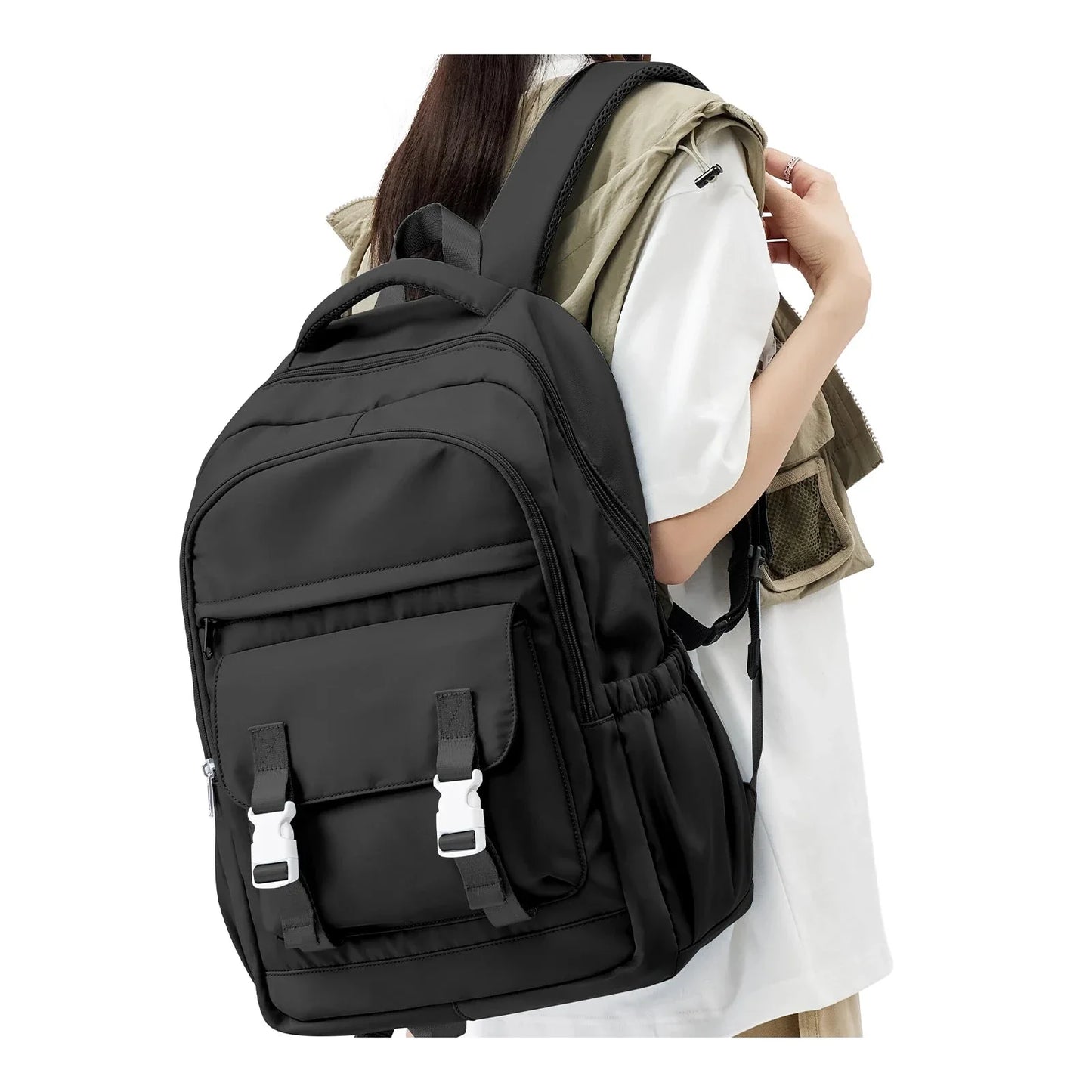 Sac à dos noir pour femme, compartiment sécurisé pour ordinateur