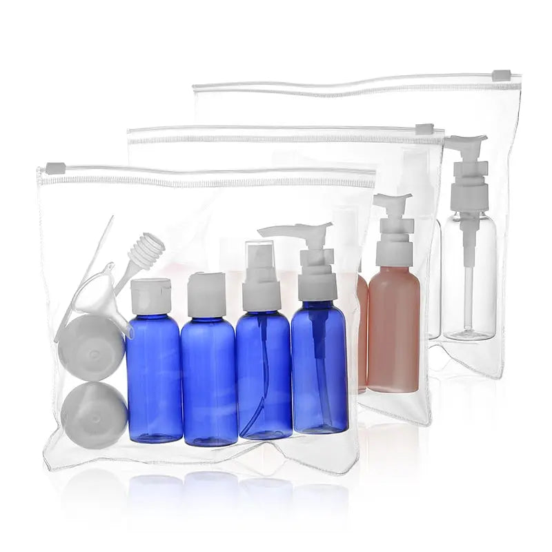 Kit de voyage avec flacons et pots transparents pour avion