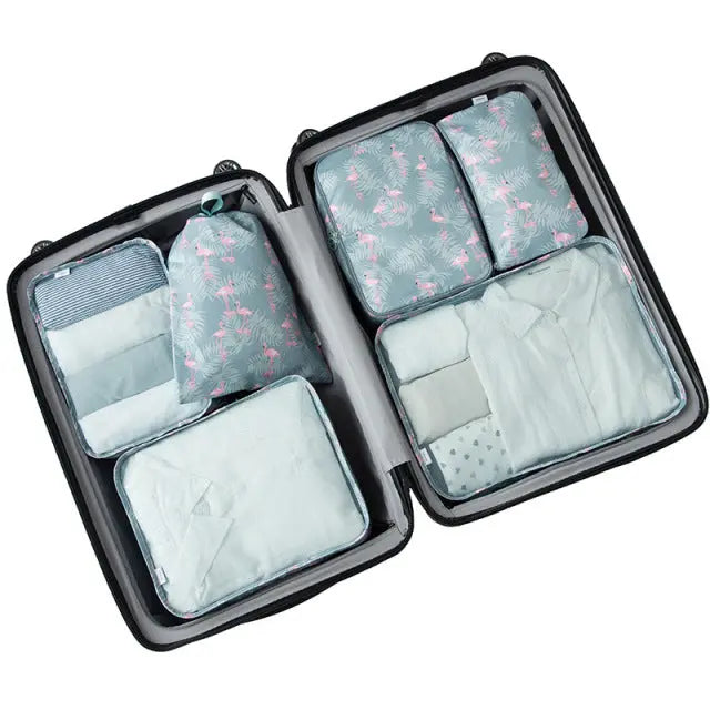 Set de six pochettes de voyage motif flamant rose en nylon imperméable