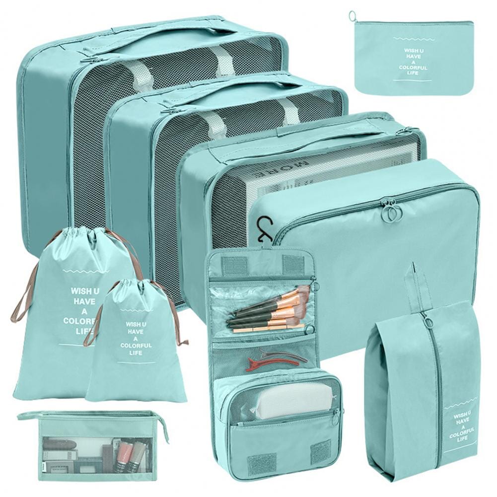 Set de 10 organisateurs de valise turquoise sur fond blanc
