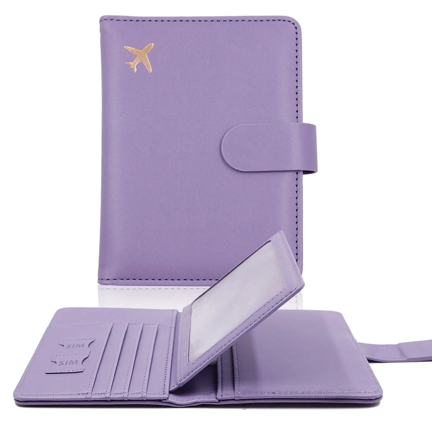 Portefeuille violet, ouvert, montrant l'organisation intérieure