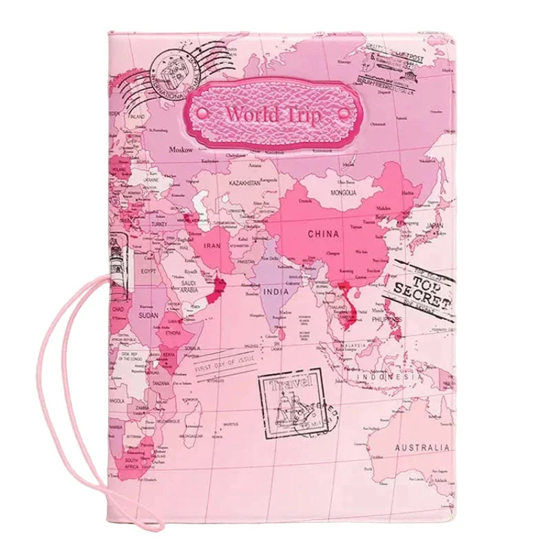 Version rose du protège-passeport avec design carte du monde
