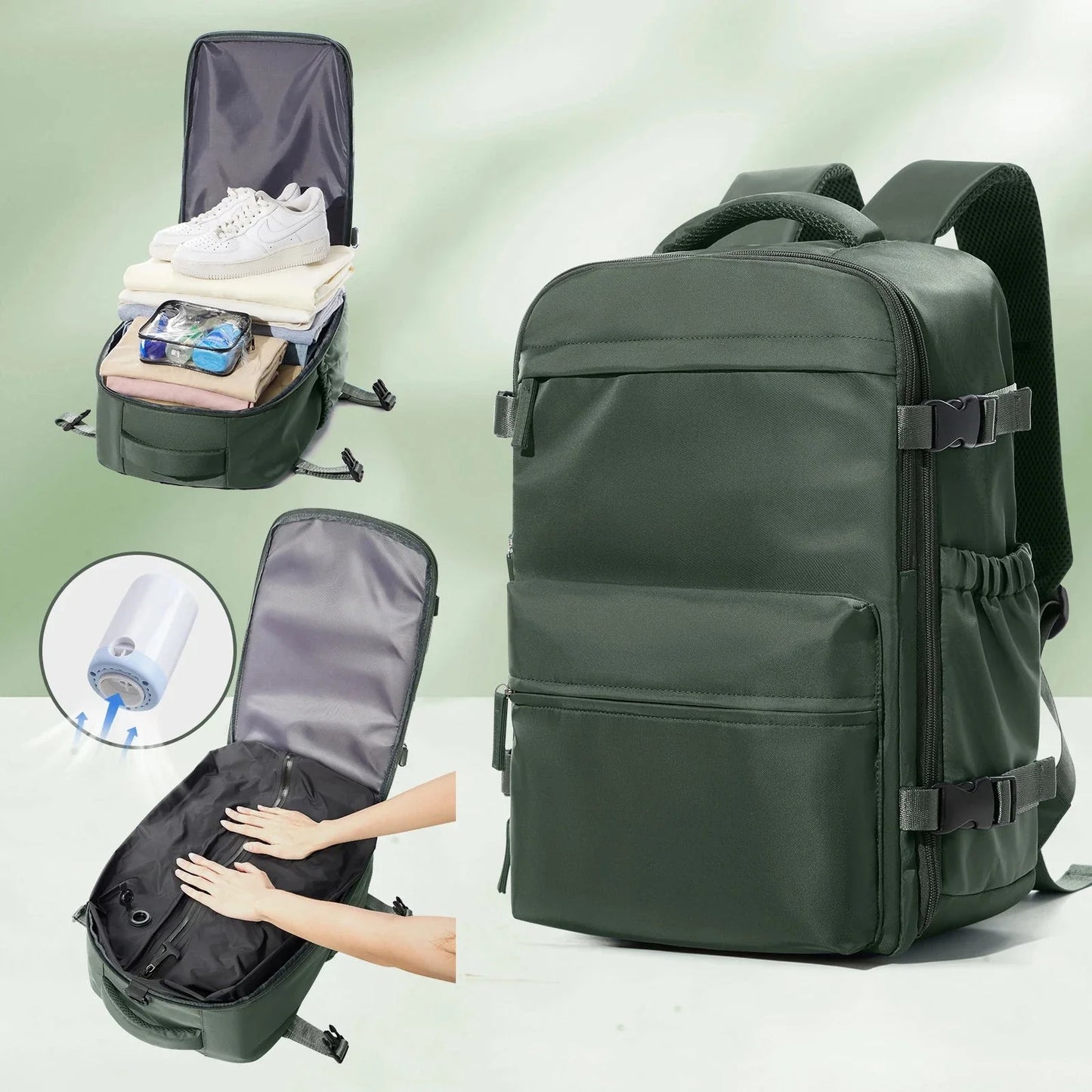 Sac à dos vert avec tissu imperméable et résistant