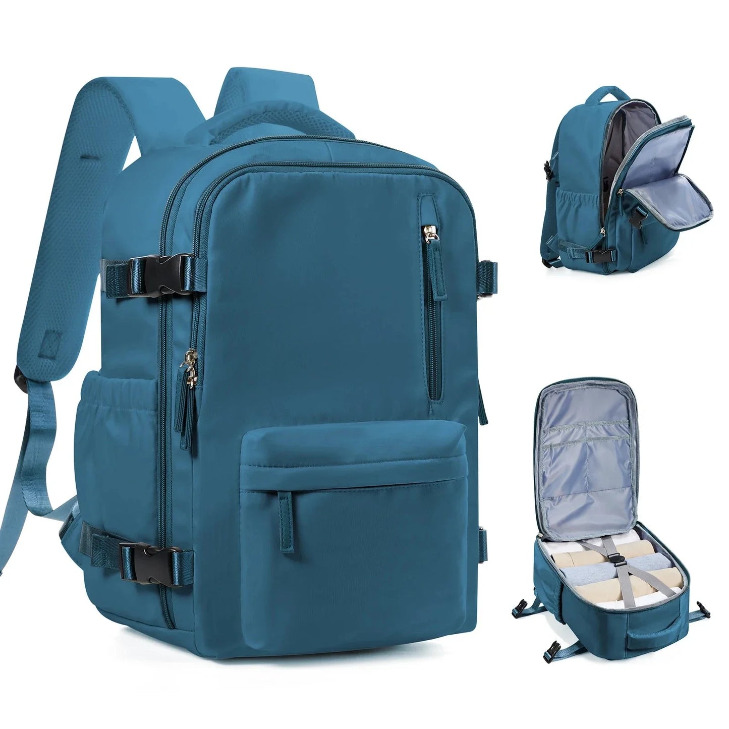 Sac à dos cyan, ouverture large et tissu imperméable