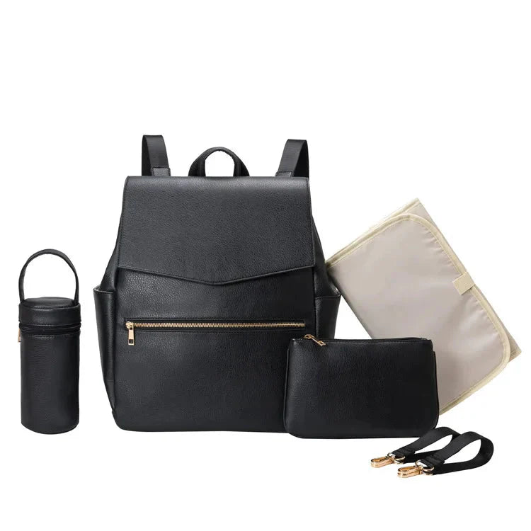 Sac à langer noir élégant avec détails en métal et poches