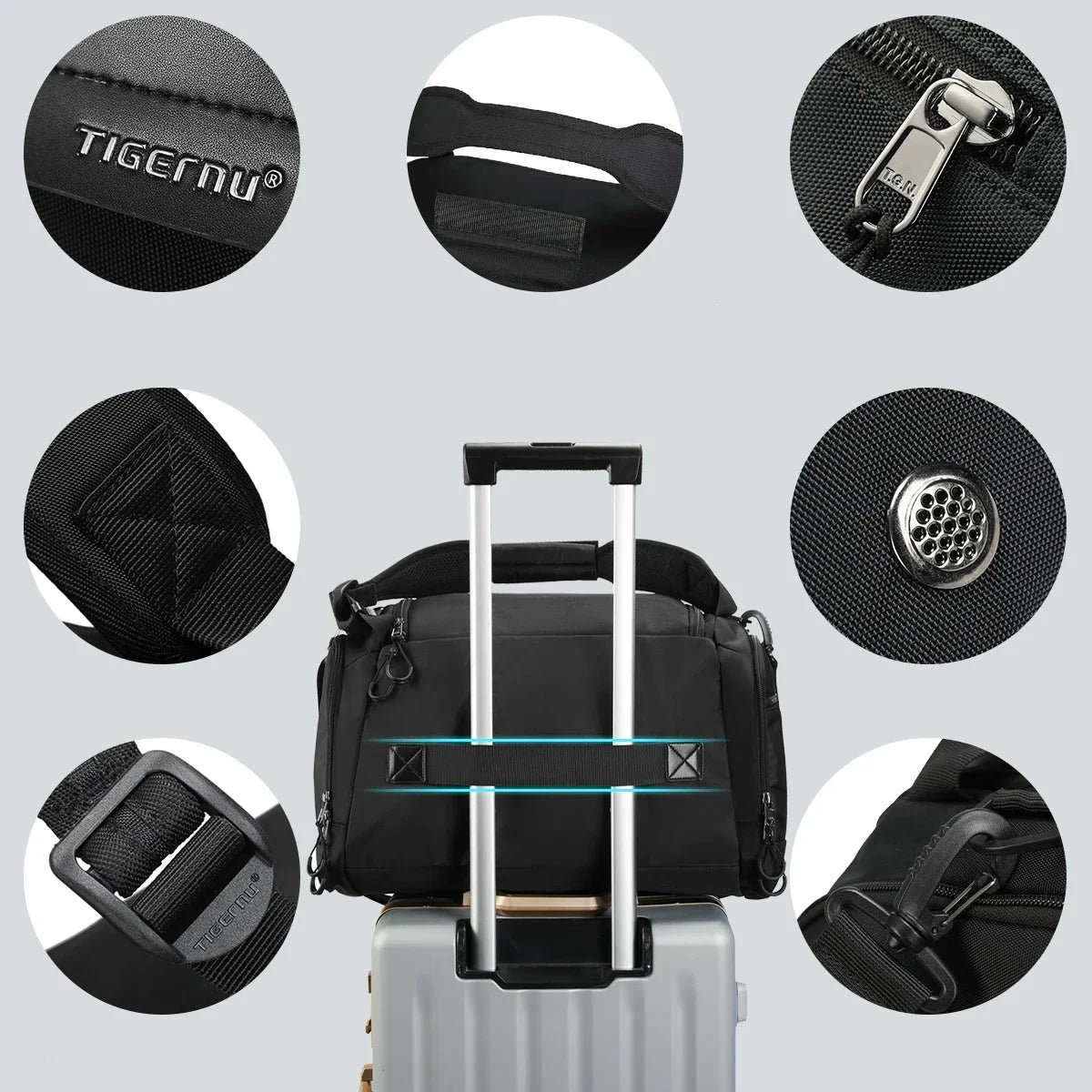 Vue latérale du sac montrant les poches zippées et la sangle