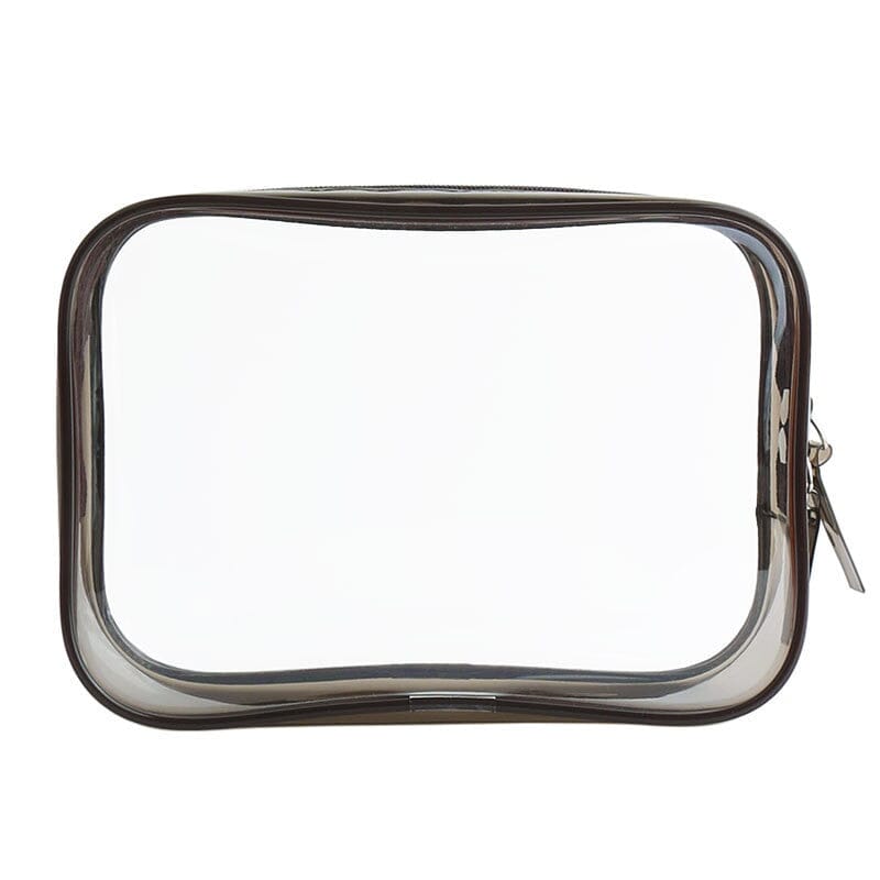 Trousse de toilette transparente avec fermeture éclair grise sur fond blanc