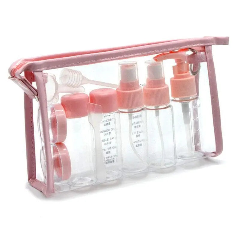 Trousse de toilette rose avec flacons et petits pots