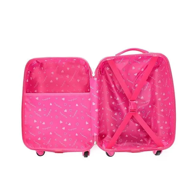 Vue de côté d'une valise licorne avec roulettes
