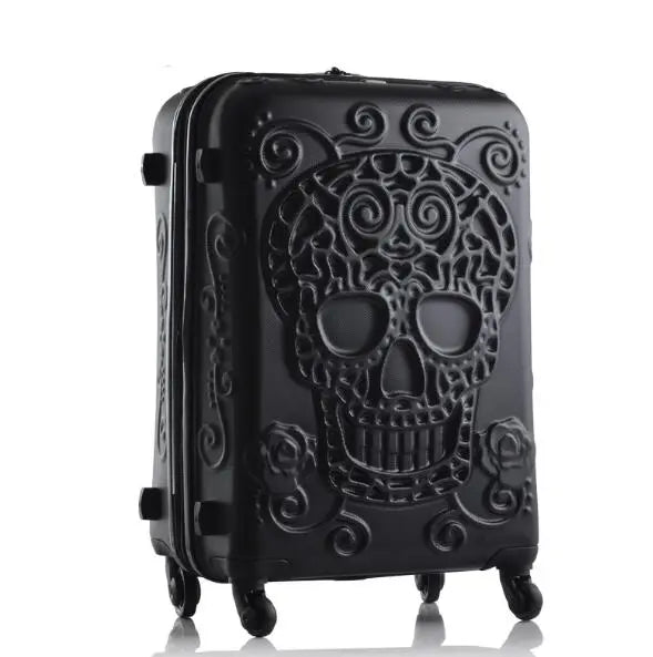 Valise noire rigide avec motif tête de mort en relief