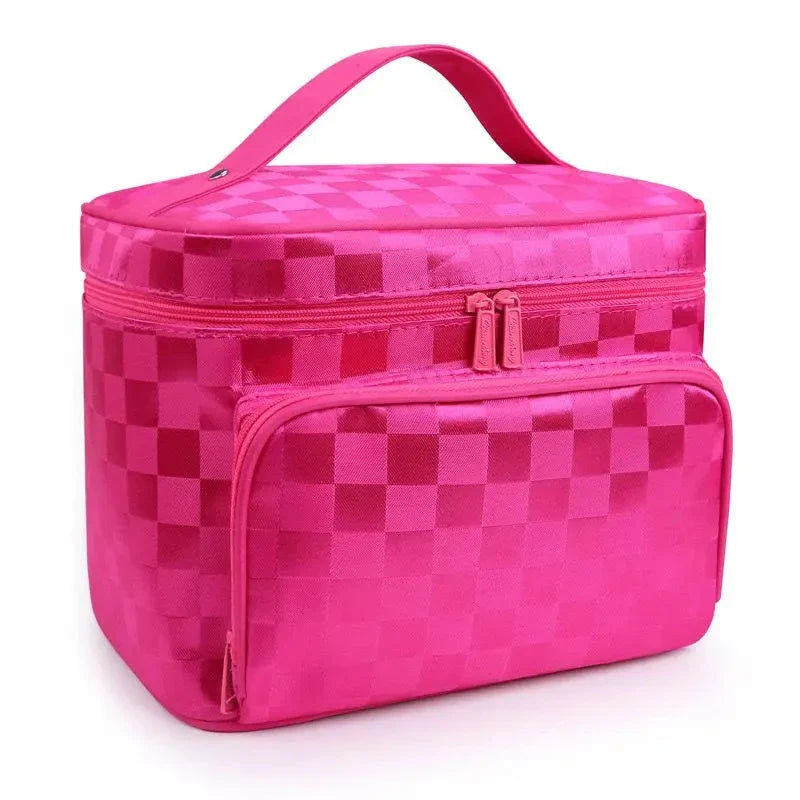 Vanity case fuchsia avec motif damier, fermeture éclair
