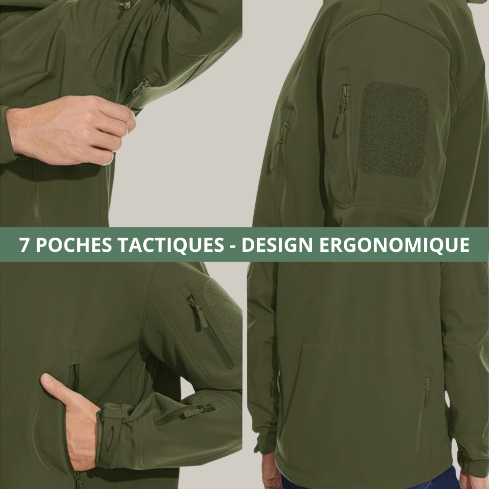 Vue de dos d'une veste imperméable avec coutures renforcées
