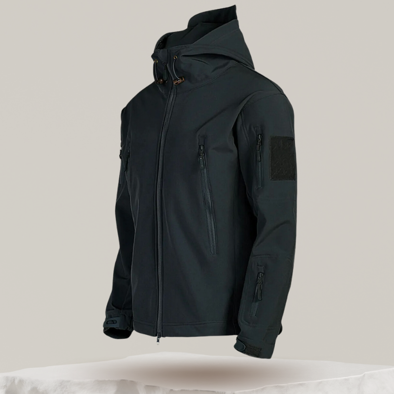 Veste imperméable étalée, montrant les poches et coutures