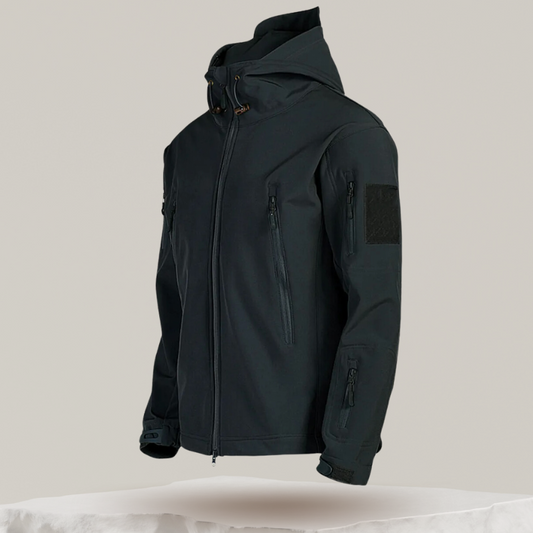 Veste imperméable étalée, montrant les poches et coutures