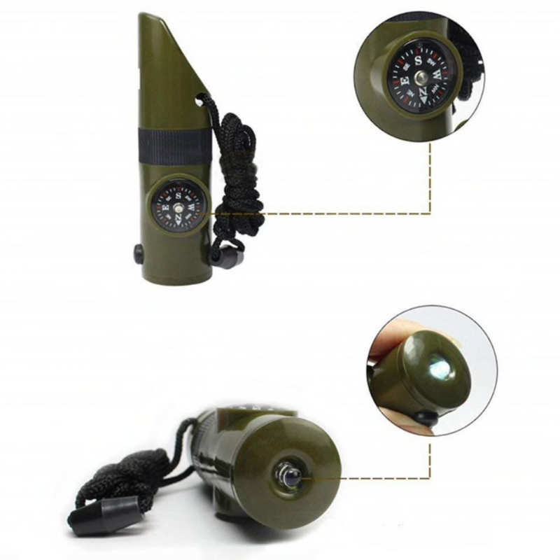Sifflet de survie montrant la lampe LED allumée