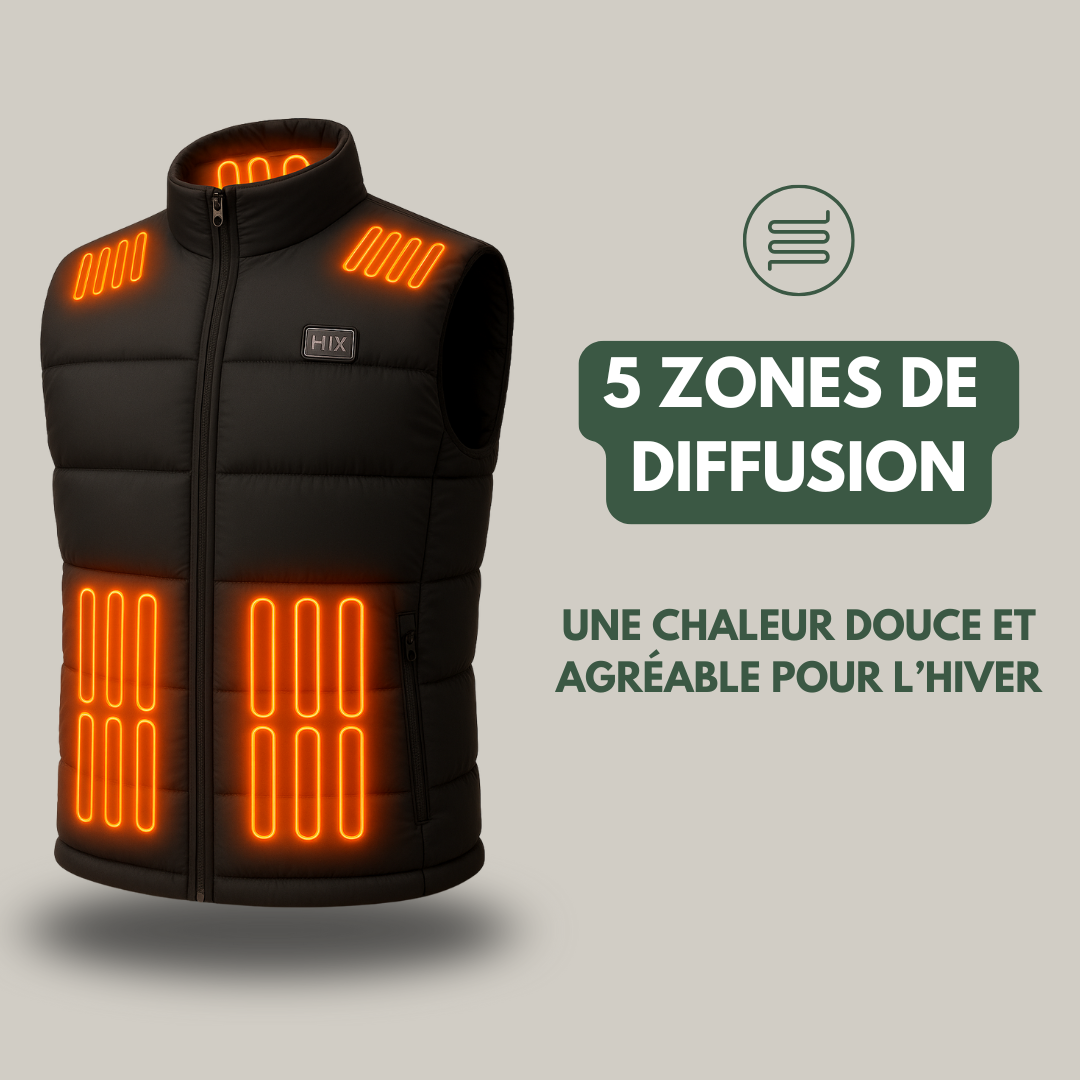 Gilet chauffant noir avec zones chauffantes visibles sur le dos