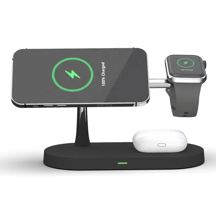 Vue latérale du chargeur compact avec appareils en charge