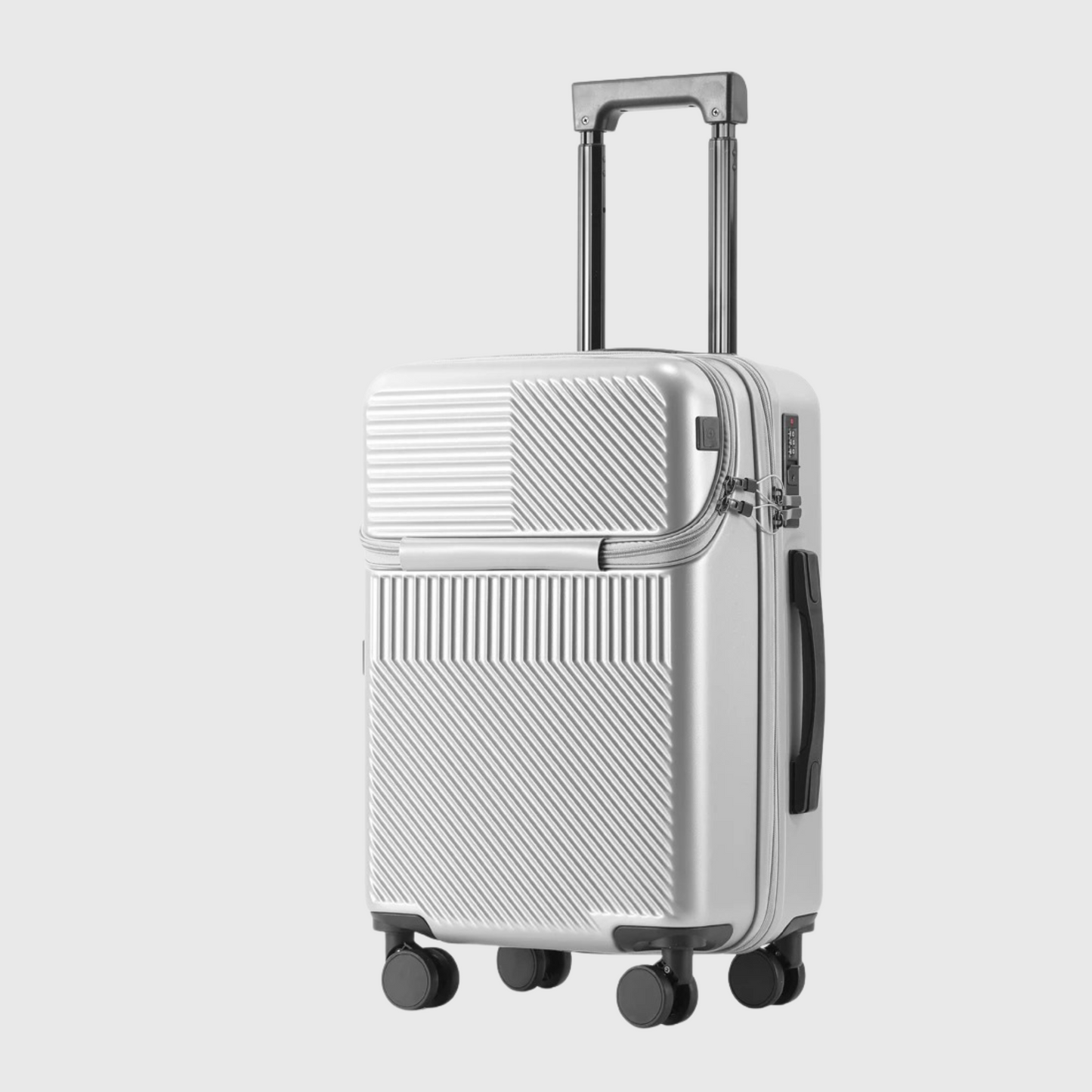 Vue arrière de la valise montrant le port USB et le porte-gobelet