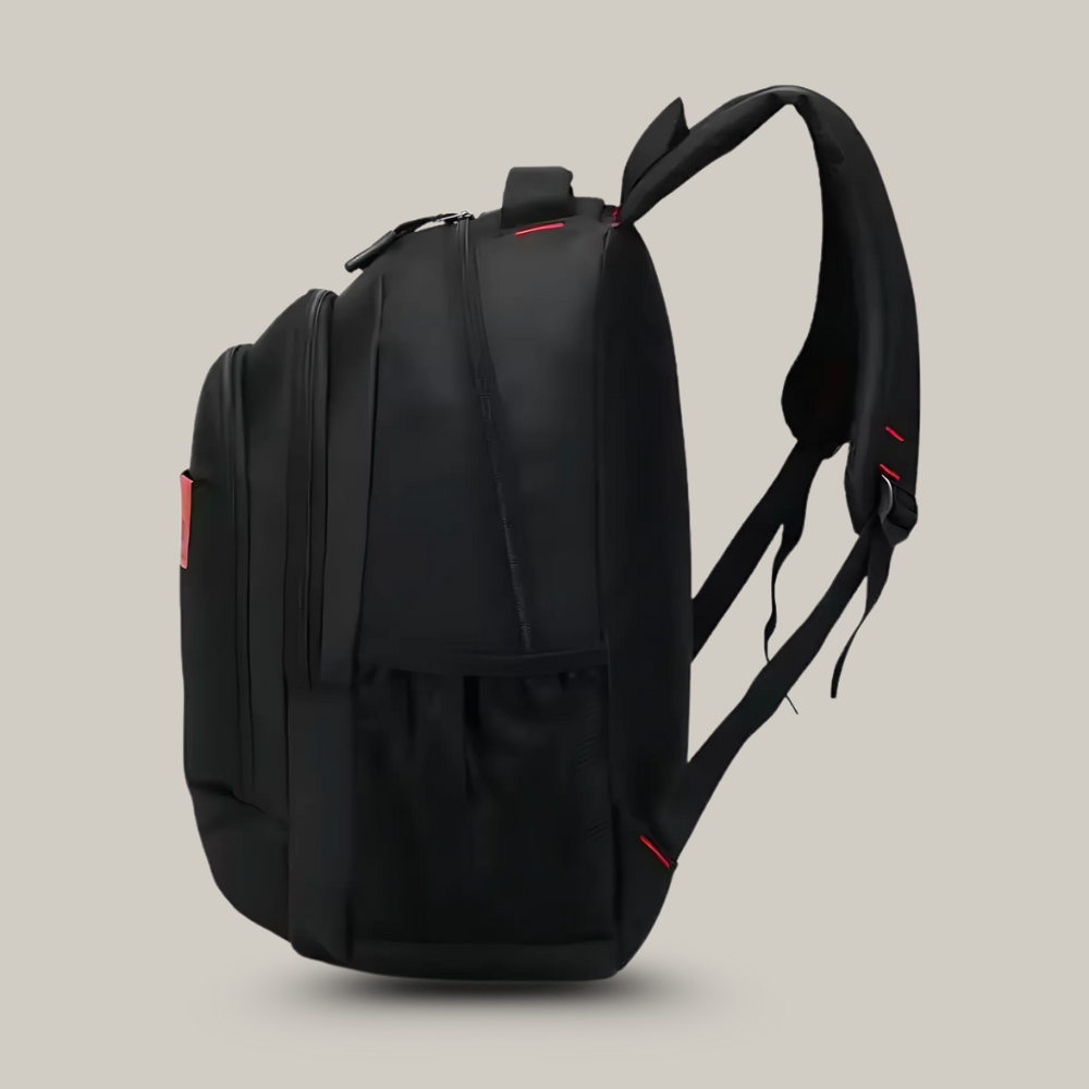Vue de côté du sac à dos avec poches extérieures zippées