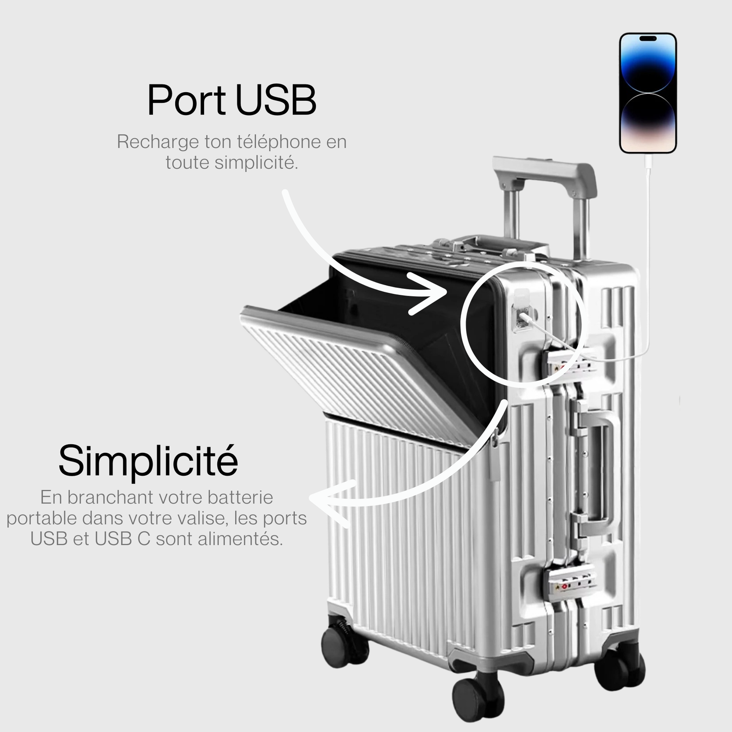 Vue de côté d'une valise avec ports USB intégrés