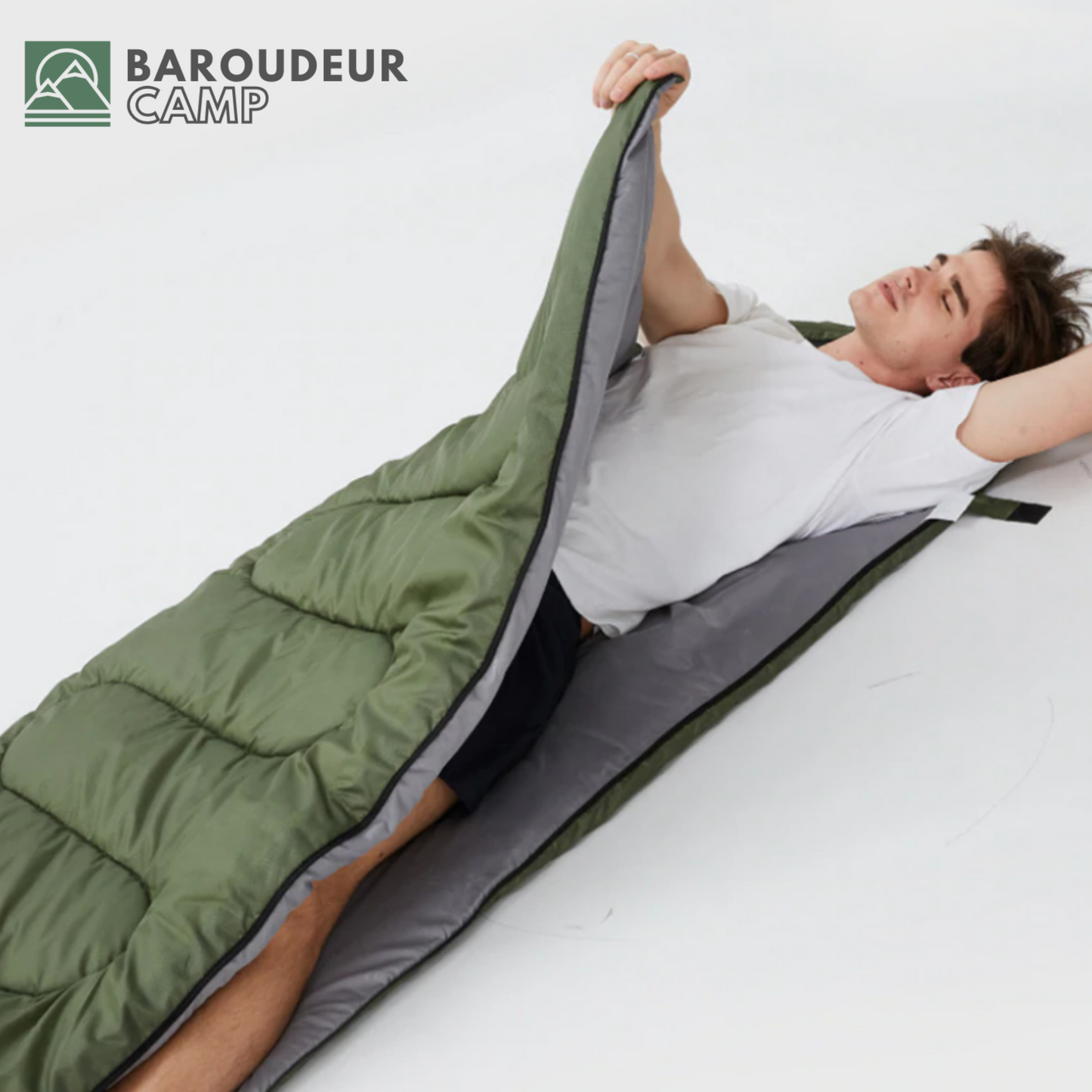 Sac de couchage déplié sur fond blanc, vue de dessus