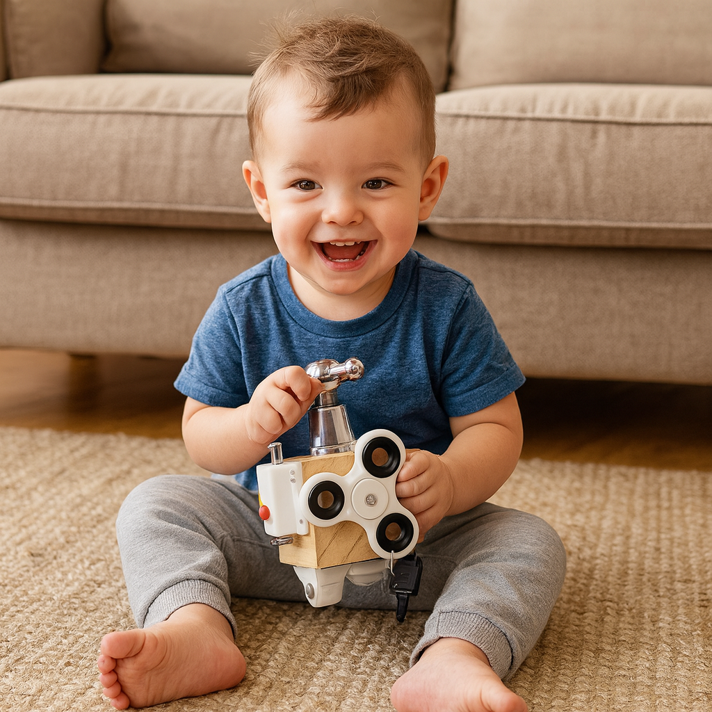 Enfant jouant avec un cube éducatif en bois