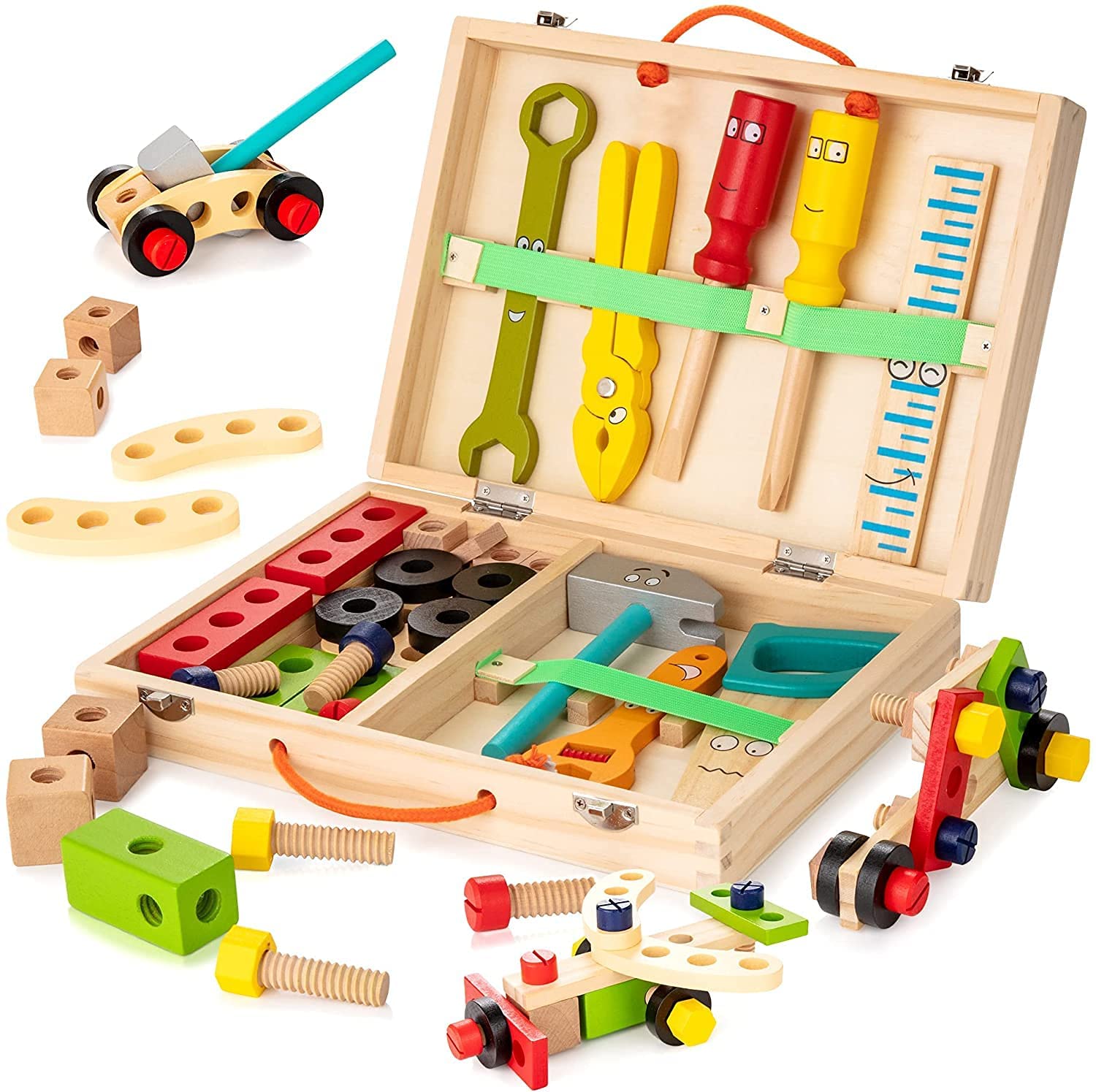 Vue d'ensemble de la boîte à outils en bois ouverte avec accessoires
