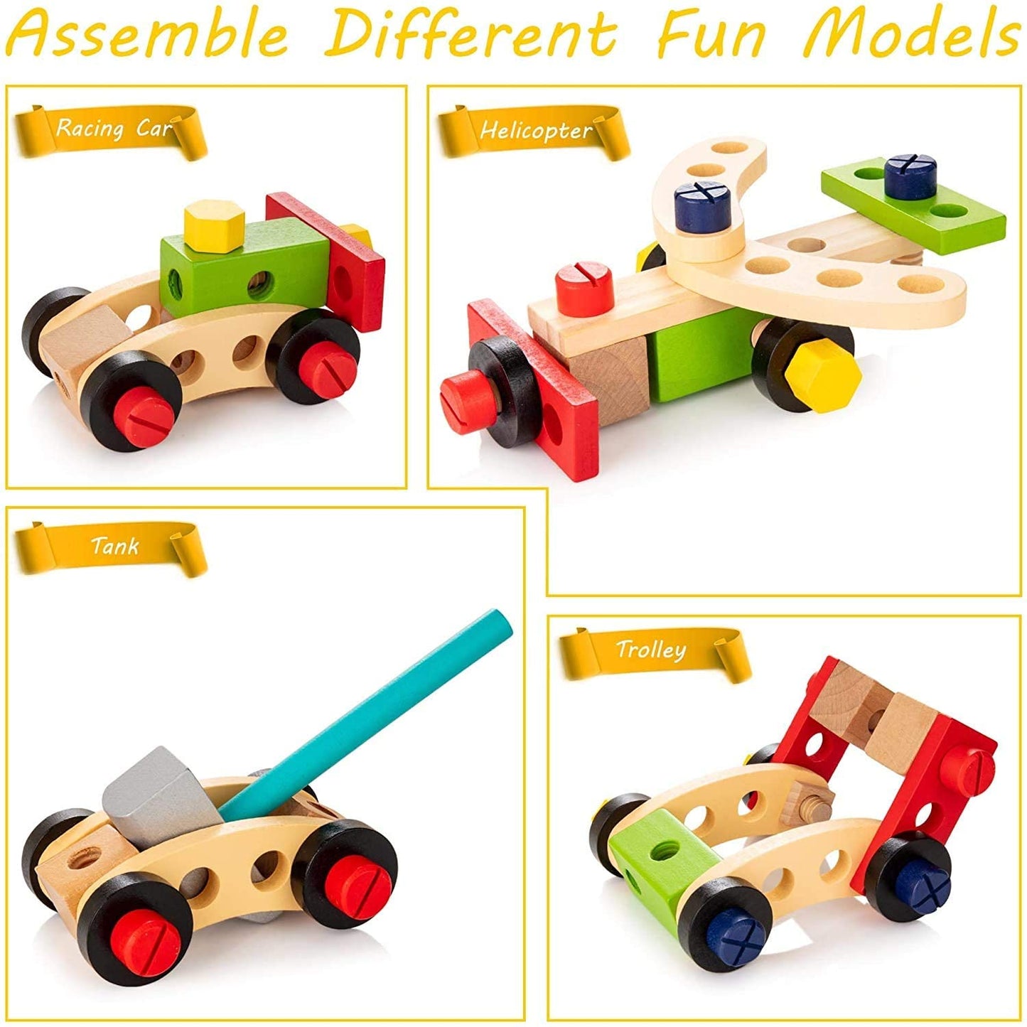 Ensemble d'outils en bois sur fond blanc, vue rapprochée