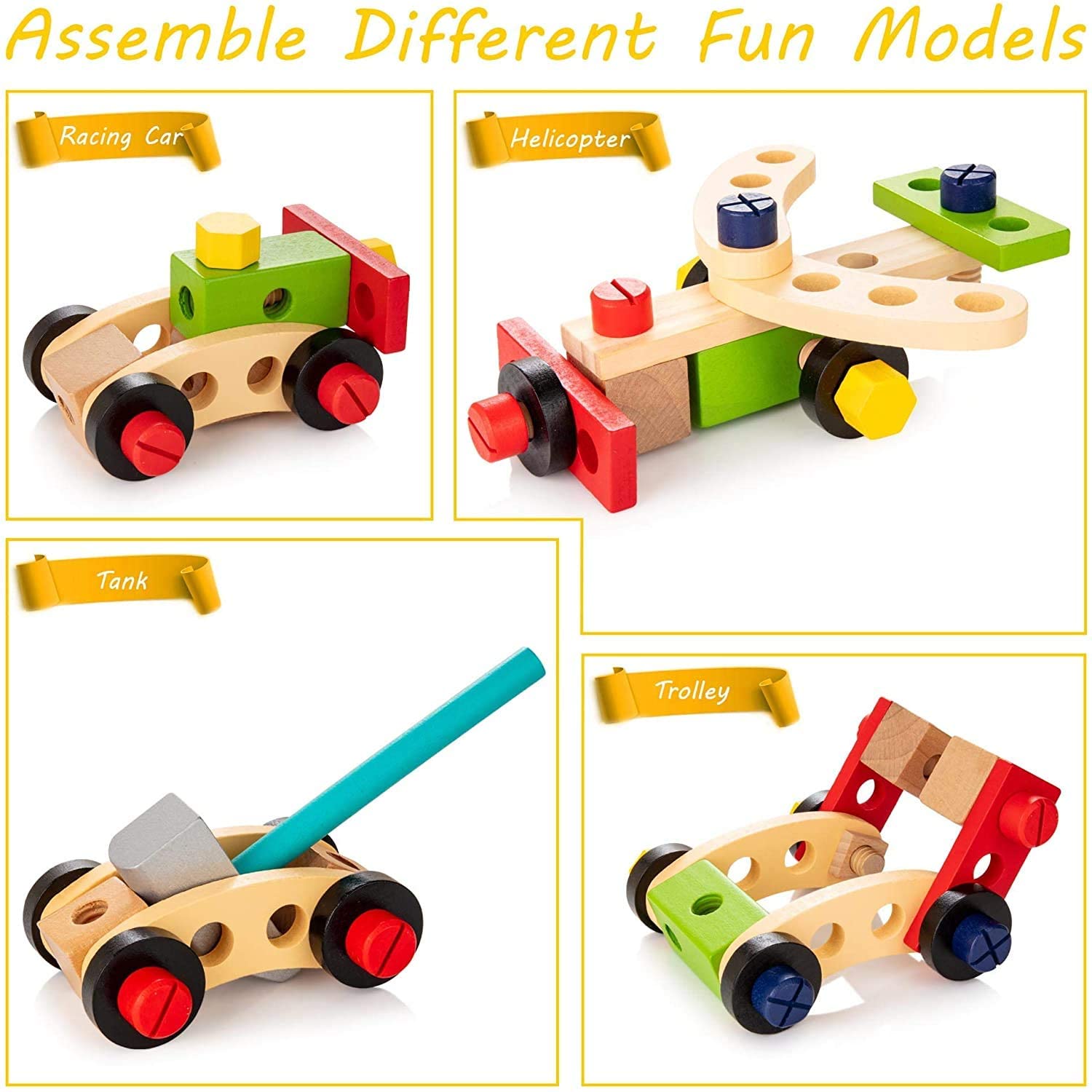 Ensemble d'outils en bois sur fond blanc, vue rapprochée