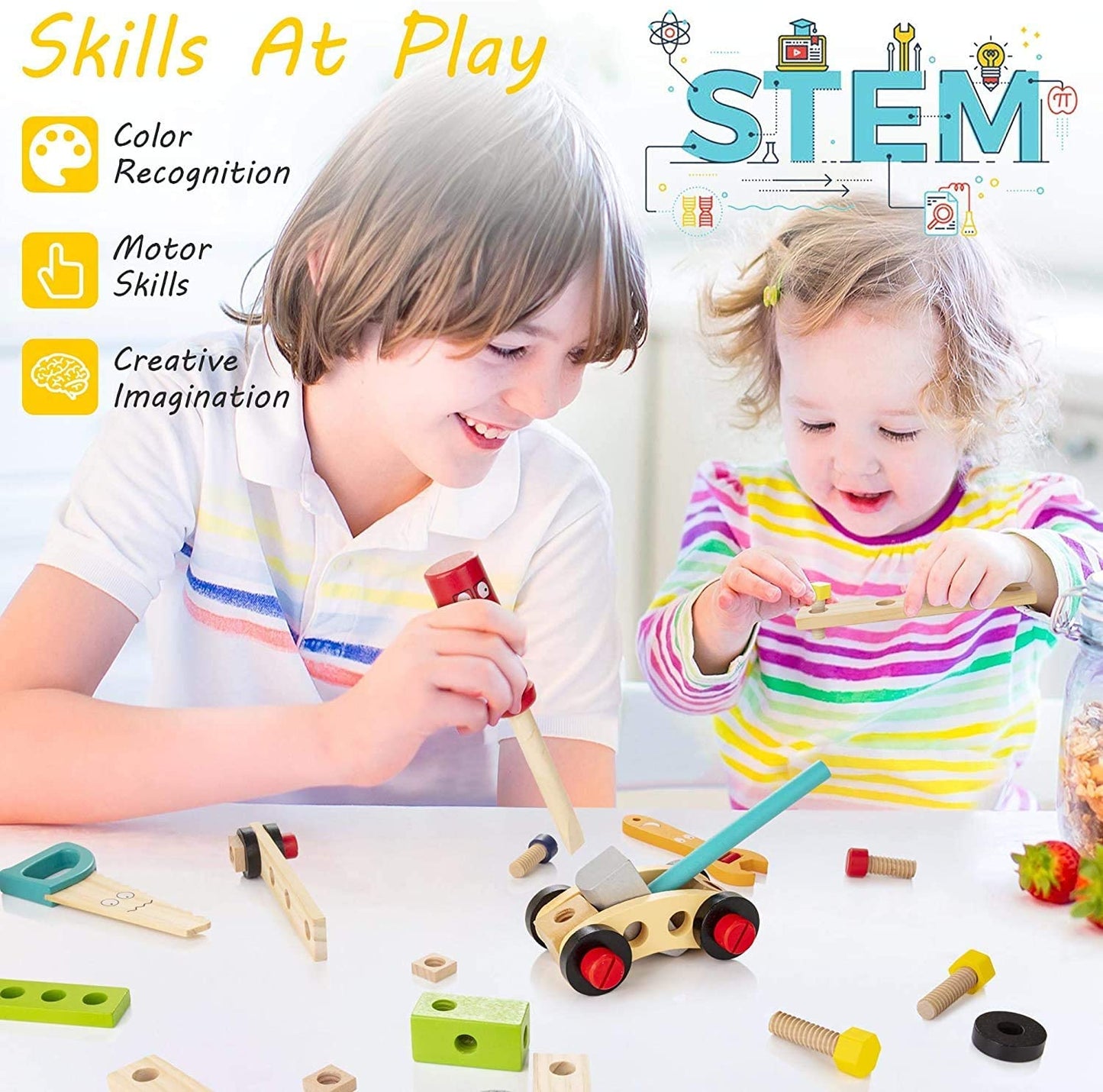 Enfant jouant avec boîte à outils en bois, développant créativité