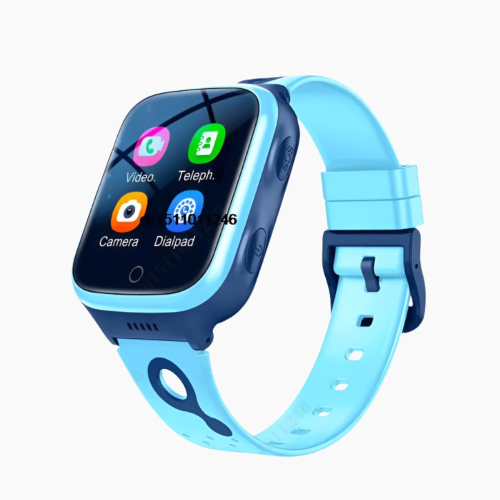Vue latérale d'une montre enfant 4G étanche en plastique coloré